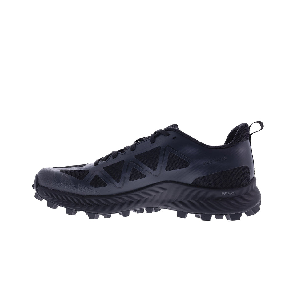 Medial side of the right shoe from a pair of INOV8 Men's Mudtalon Running Shoes in the Black colourway. (8597002092706)