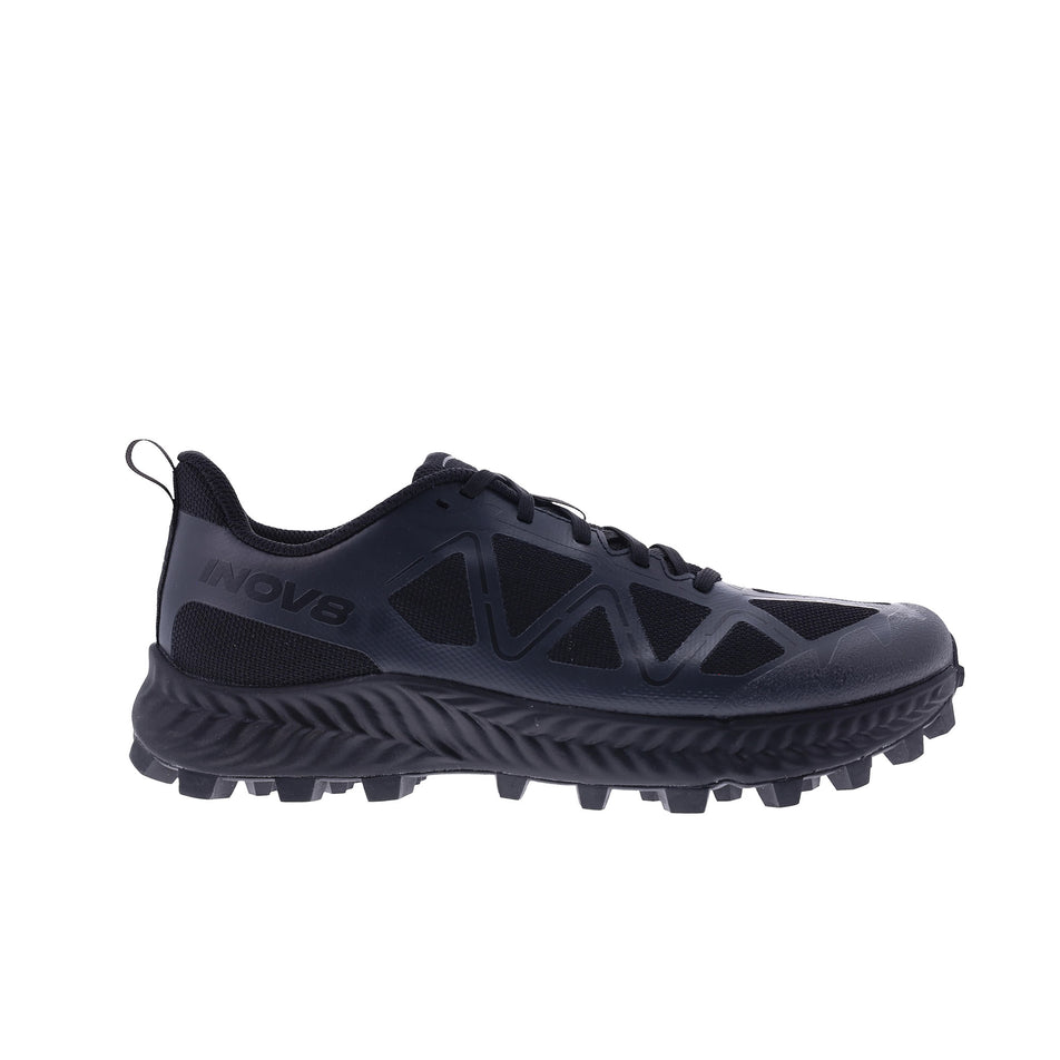 Lateral side of the right shoe from a pair of INOV8 Men's Mudtalon Running Shoes in the Black colourway. (8597002092706)