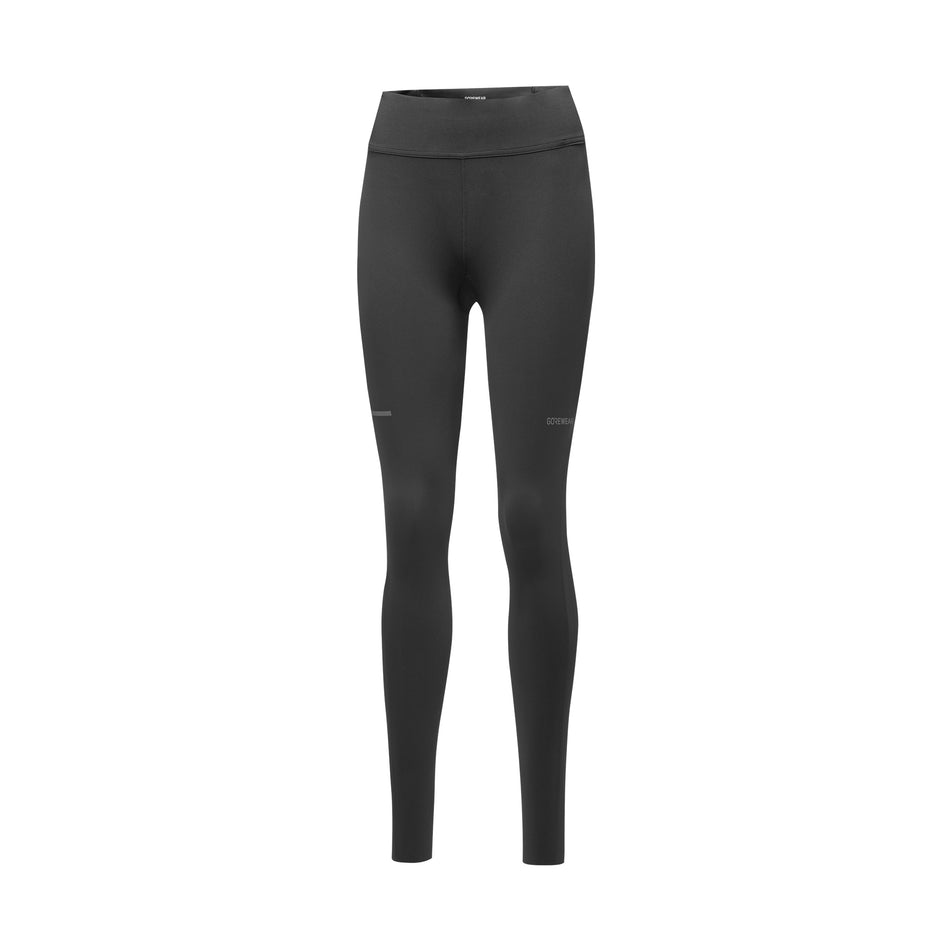 Angled front view of the GOREWEAR Women's Concurve Tights in the Black colourway. (8504589615266)