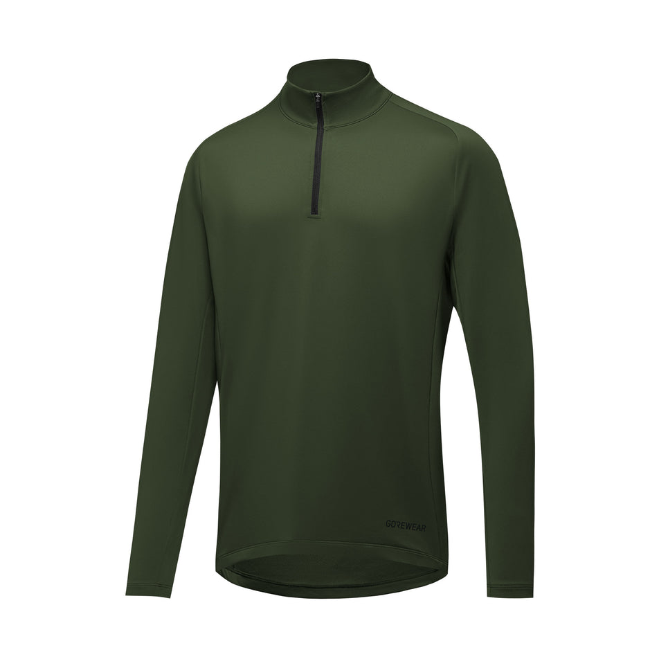 Angled front view of a GOREWEAR Men's Everyday Mid 1/4-Zip in the Utility Green colourway. (8503987634338)