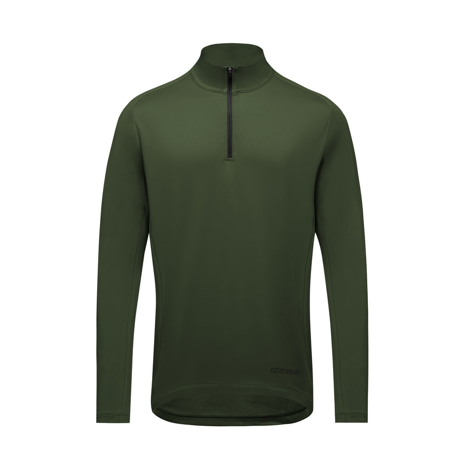 Front view of a GOREWEAR Men's Everyday Mid 1/4-Zip in the Utility Green colourway. (8503987634338)