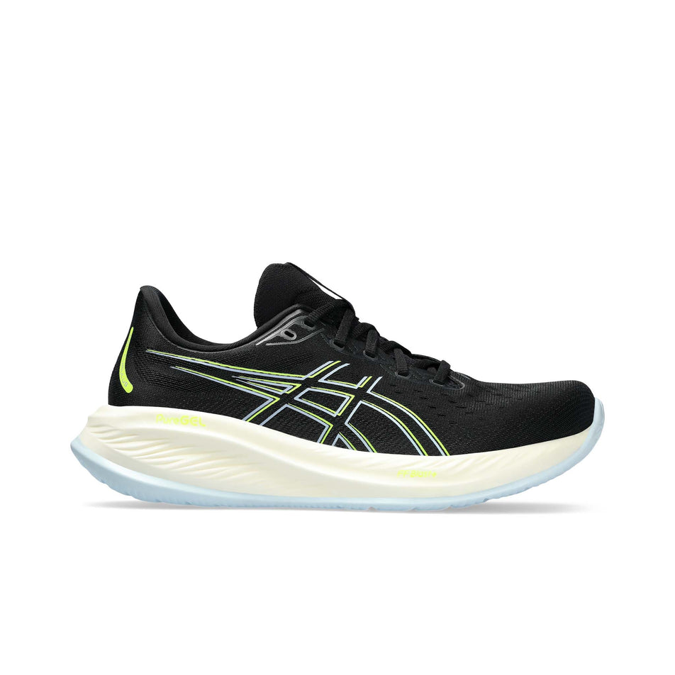 Lateral side of the right shoe from a pair of Asics Men's Gel-Cumulus 26 Running Shoes in the Black/Safety Yellow colourway (8405676589218)