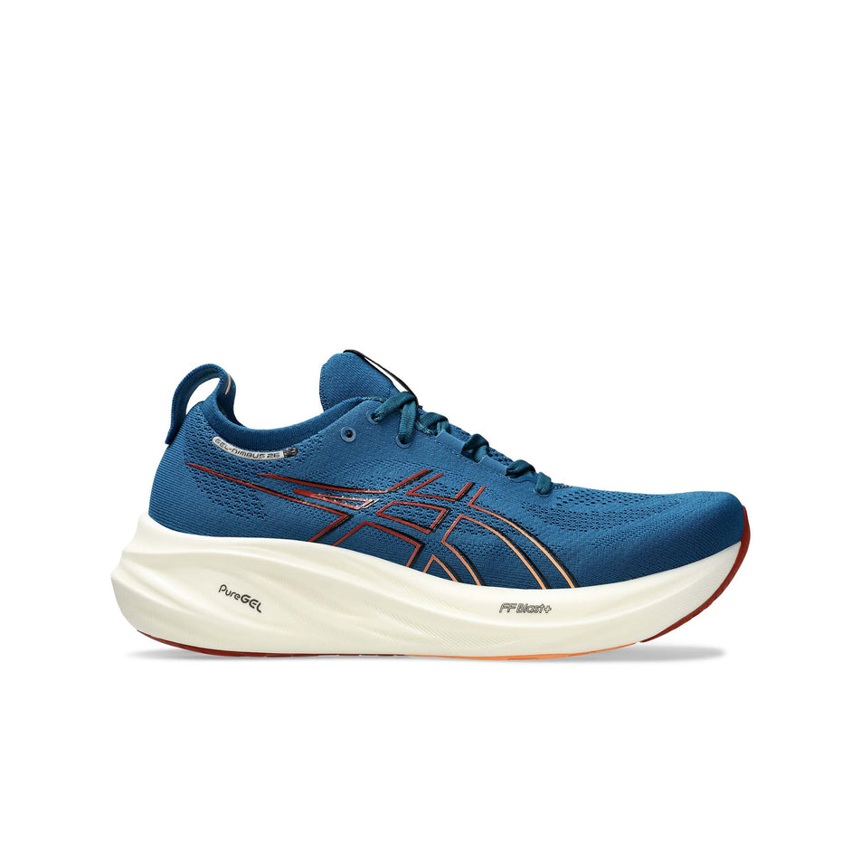 Lateral side of the right shoe from a pair of Asics Men's Gel-Nimbus 26 Running Shoes in the Rich Navy/Faded Orange colurway (8405667545250)