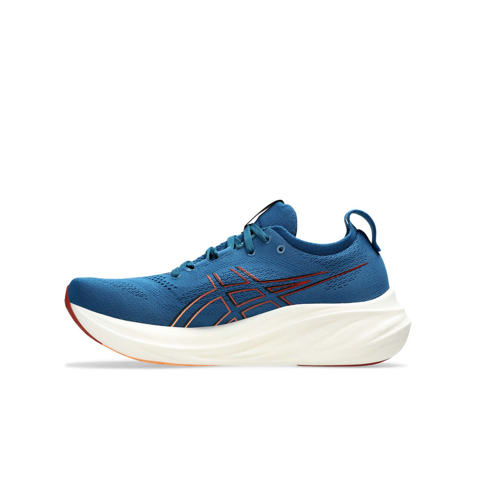 Medial side of the right shoe from a pair of Asics Men's Gel-Nimbus 26 Running Shoes in the Rich Navy/Faded Orange colurway (8405667545250)