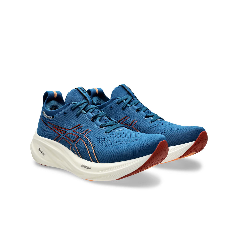 A pair of Asics Men's Gel-Nimbus 26 Running Shoes in the Rich Navy/Faded Orange colurway (8405667545250)