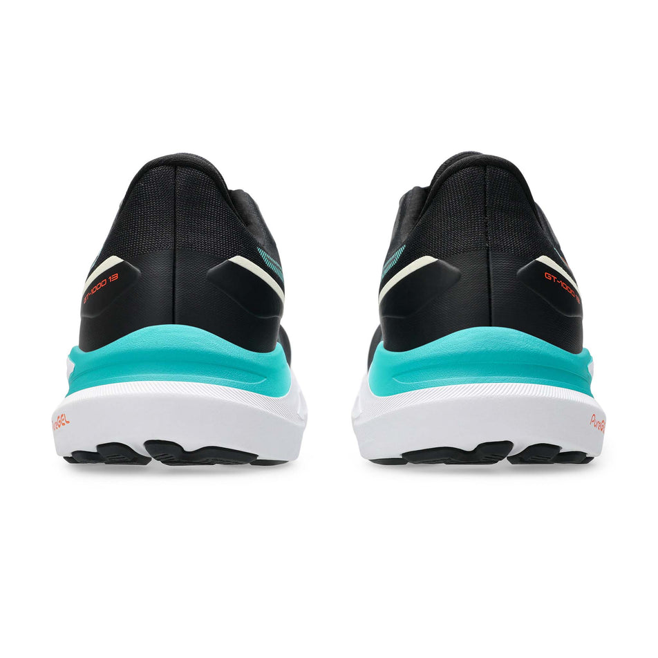 The back of a pair of Asics Men's GT-1000 13 Running Shoes in the Black/Wave Teal colourway. (8555033034914)