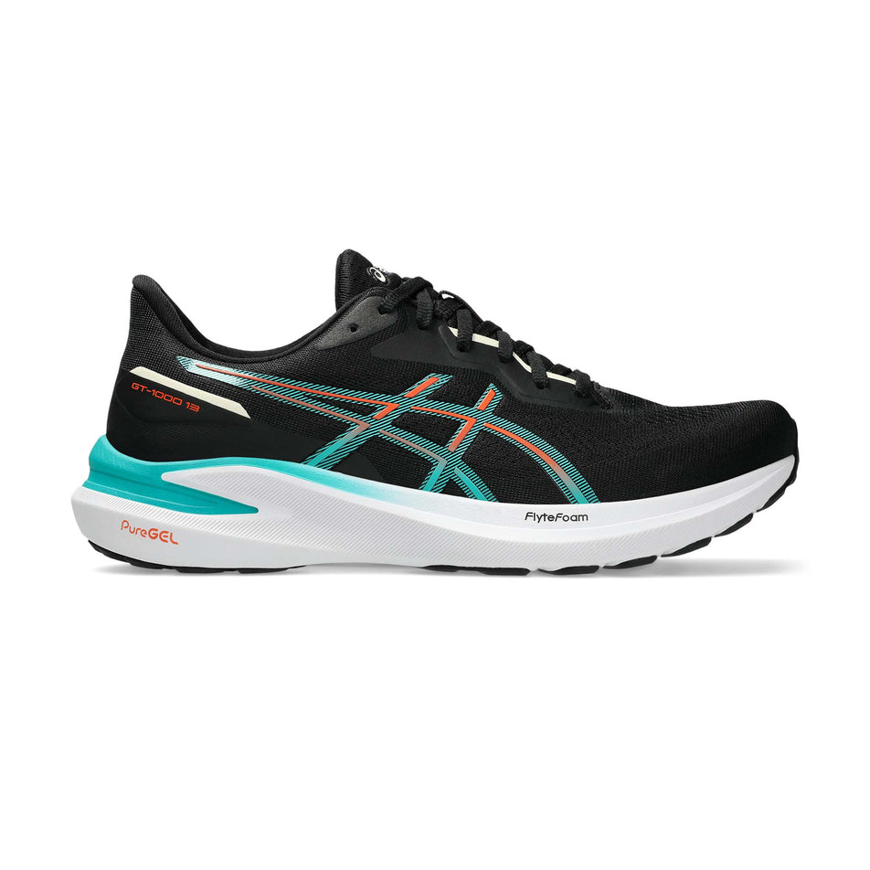 Lateral side of the right shoe from a pair of Asics Men's GT-1000 13 Running Shoes in the Black/Wave Teal colourway. (8555033034914)