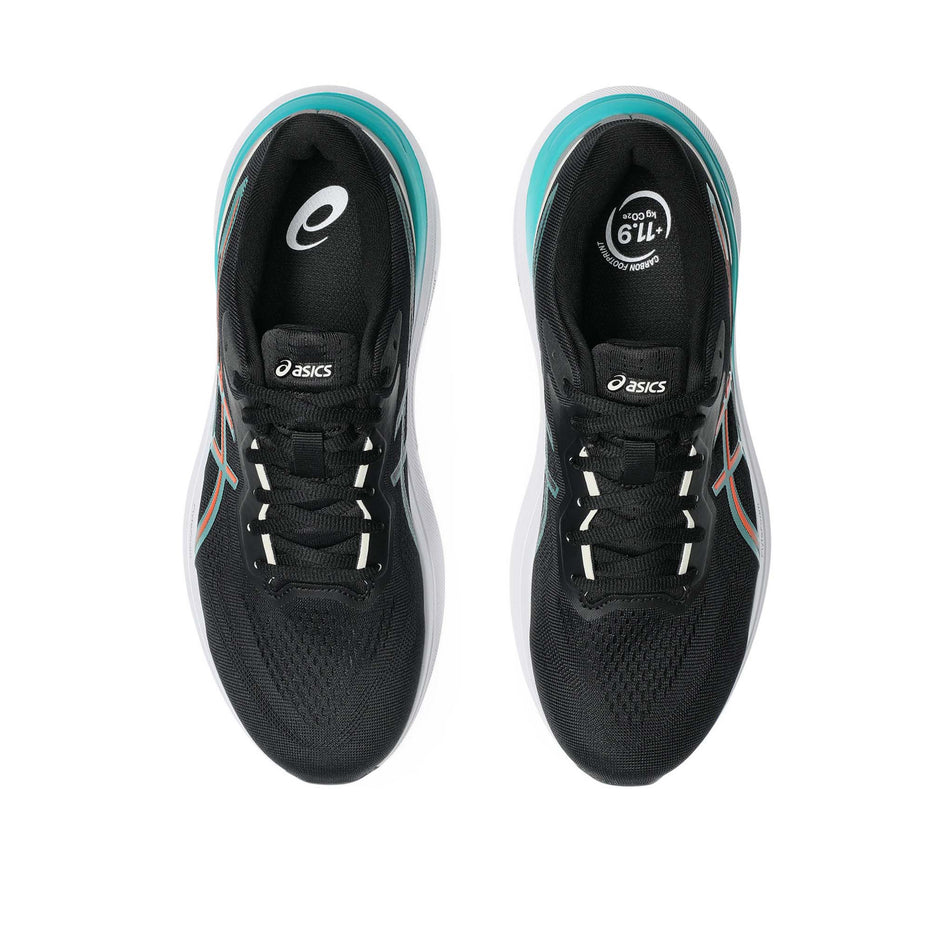 The uppers of a pair of Asics Men's GT-1000 13 Running Shoes in the Black/Wave Teal colourway. (8555033034914)