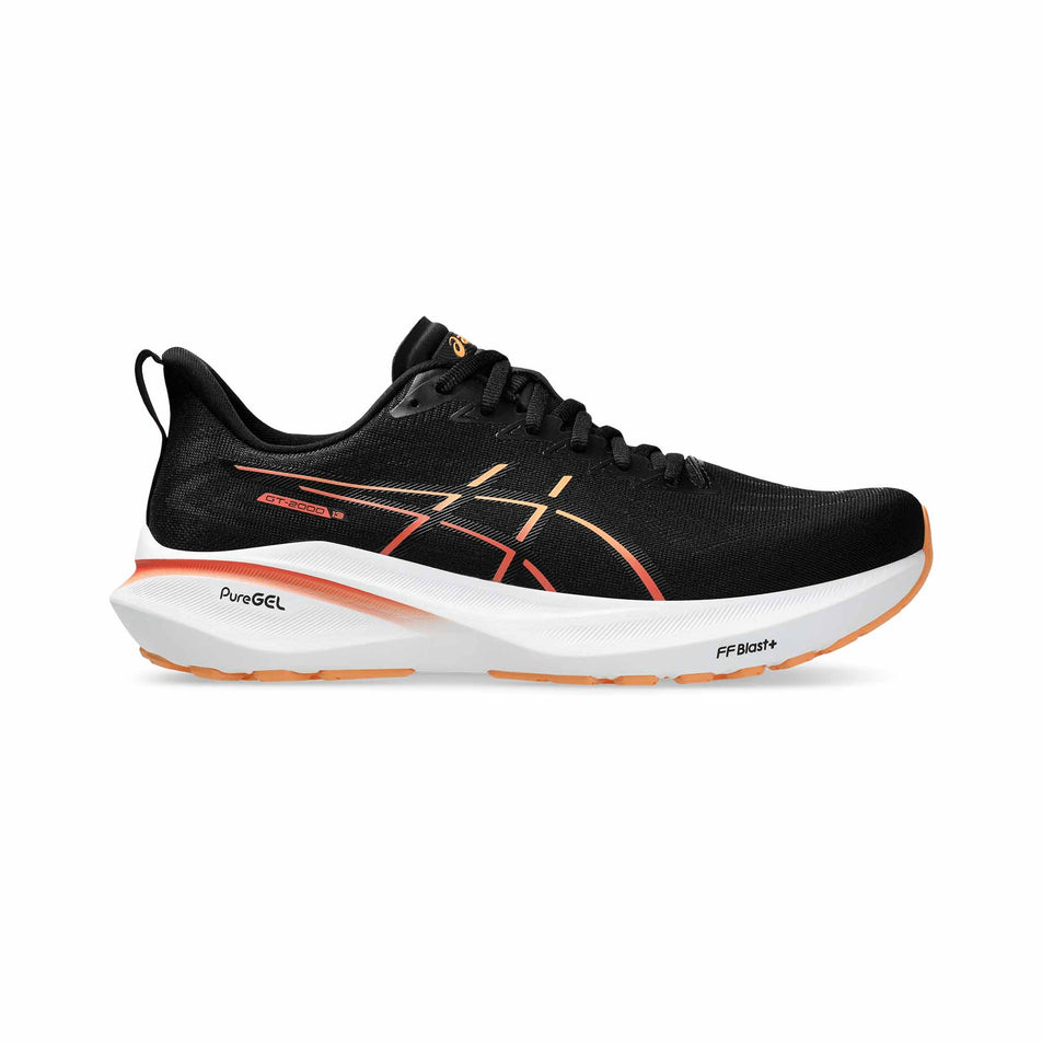 Lateral side of the right shoe from a pair of ASICS Men's GT-2000 13 Running Shoes in the Black/Faded Orange colourway. (8473874989218)