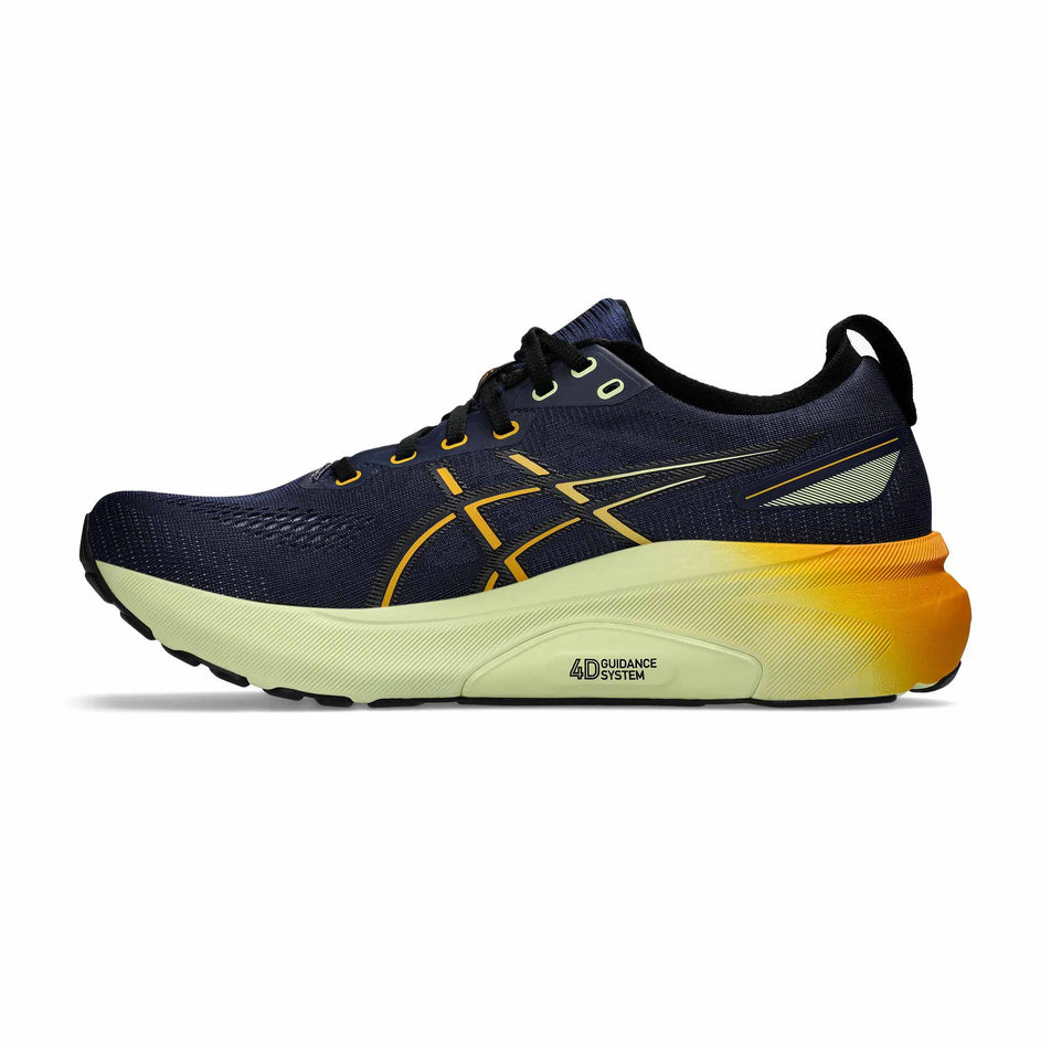 Medial side of the right shoe from a pair of Asics Men's Gel-Kayano 31 Running Shoes in the Indigo Blue/Gunmetal colourway (8554926997666)