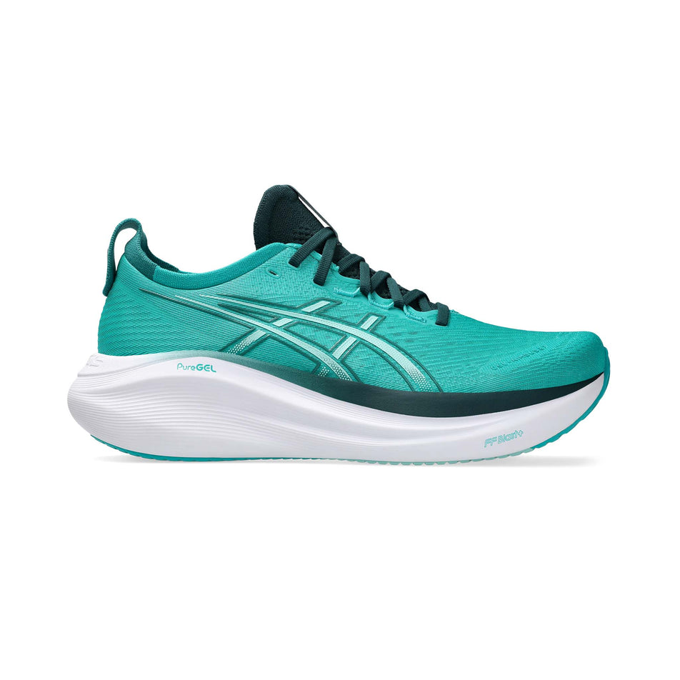 Lateral side of the right shoe from a pair of ASICS Men's Gel-Nimbus 27 Running Shoes in the Wave Teal/Saxon Green colourway. (8555046371490)