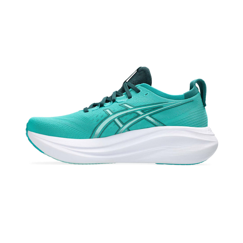 Medial side of the right shoe from a pair of ASICS Men's Gel-Nimbus 27 Running Shoes in the Wave Teal/Saxon Green colourway. (8555046371490)