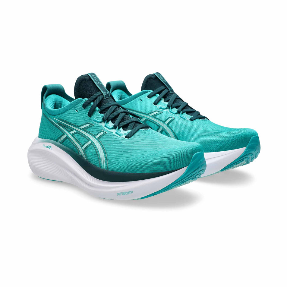 A pair of ASICS Men's Gel-Nimbus 27 Running Shoes in the Wave Teal/Saxon Green colourway. (8555046371490)