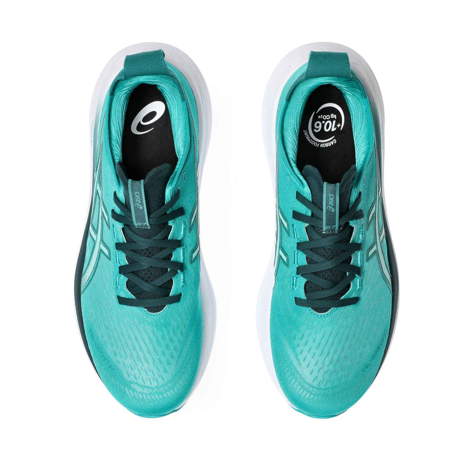 The uppers of a pair of ASICS Men's Gel-Nimbus 27 Running Shoes in the Wave Teal/Saxon Green colourway. (8555046371490)