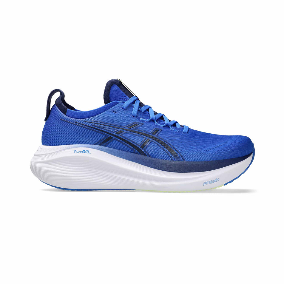 Lateral side of the right shoe from a pair of ASICS Men's Gel-Nimbus 27 Running Shoes in the Illusion Blue/Indigo Blue colourway. (8555055153314)