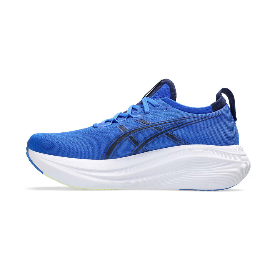 Medial side of the right shoe from a pair of ASICS Men's Gel-Nimbus 27 Running Shoes in the Illusion Blue/Indigo Blue colourway. (8555055153314)