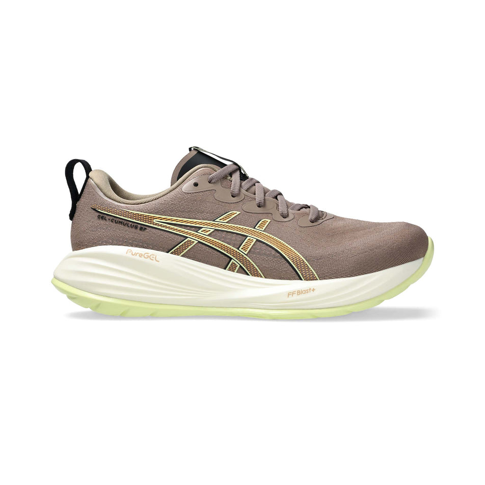 Lateral side of the right shoe from a pair of Asics Men's Gel-Cumulus 27 Running Shoes in the Taupe Grey/Black colourway. (8558289682594)