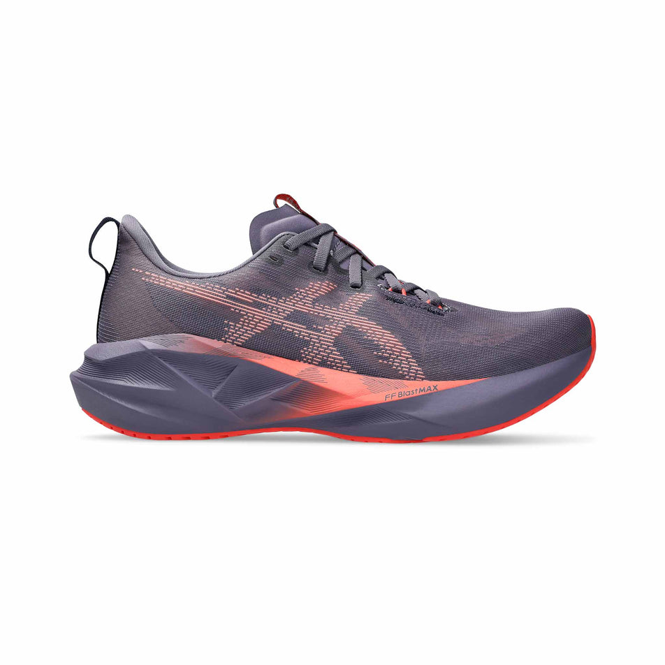 Lateral side of the right shoe from a pair of ASICS Men's Novablast 5 Running Shoes in the Greyish Purple/Coral Reef colourway. (8555014815906)