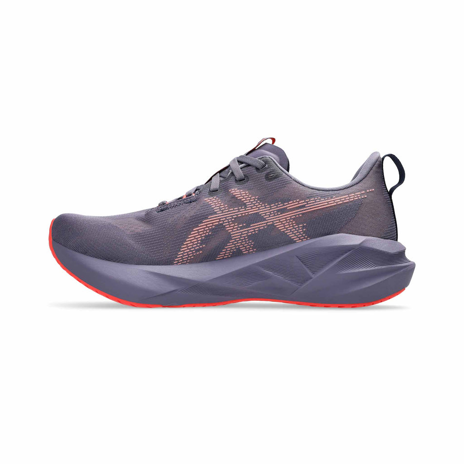 Medial side of the right shoe from a pair of ASICS Men's Novablast 5 Running Shoes in the Greyish Purple/Coral Reef colourway.  (8555014815906)