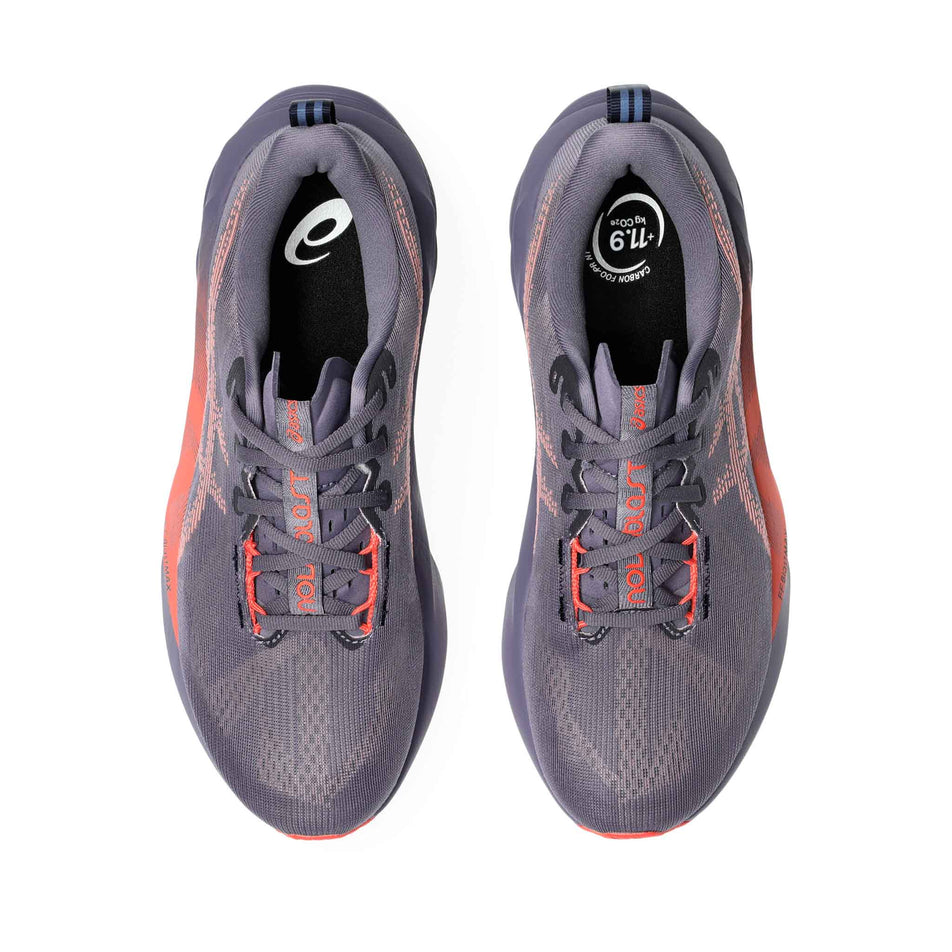 The uppers on a pair of ASICS Men's Novablast 5 Running Shoes in the Greyish Purple/Coral Reef colourway.  (8555014815906)