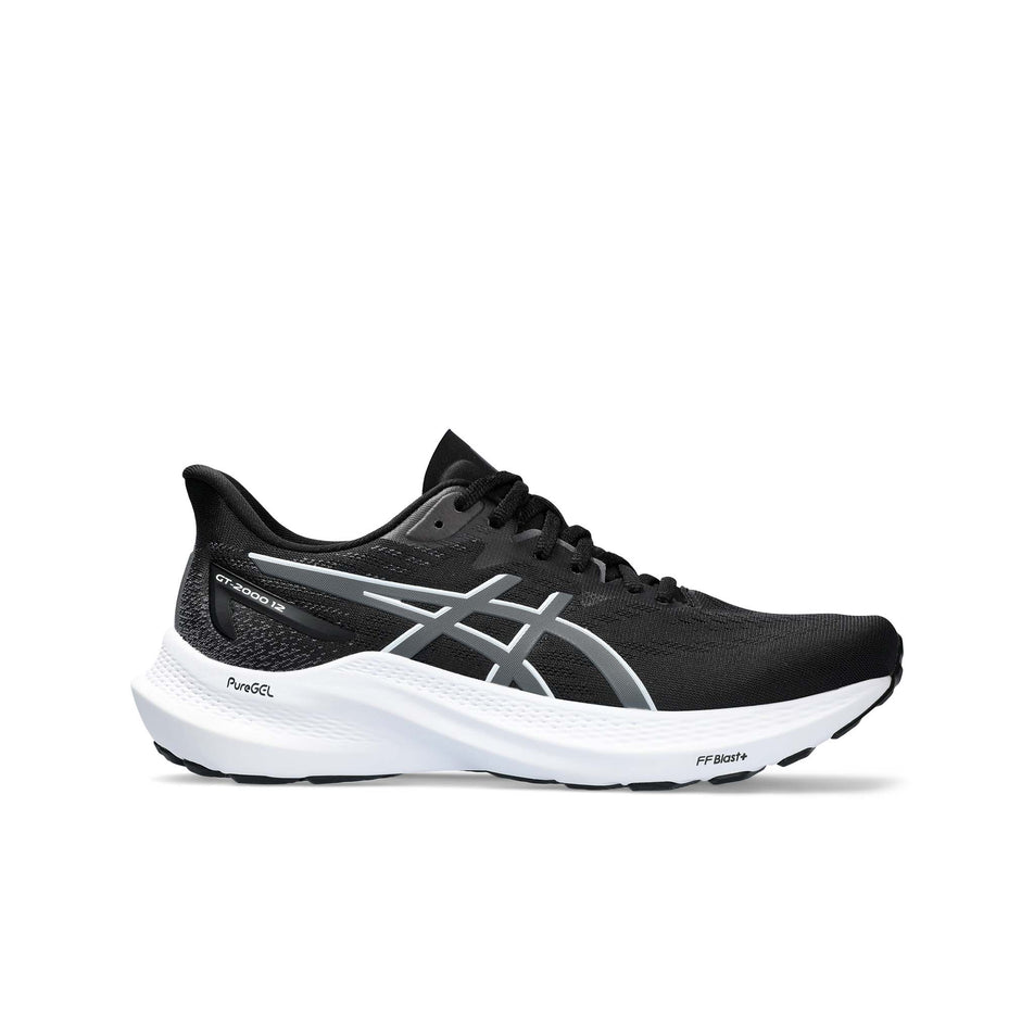 Lateral side of the right shoe from a pair of Asics Women's GT-2000 12 Running Shoes in the Black/Carrier Grey colourway  (8365865369762)