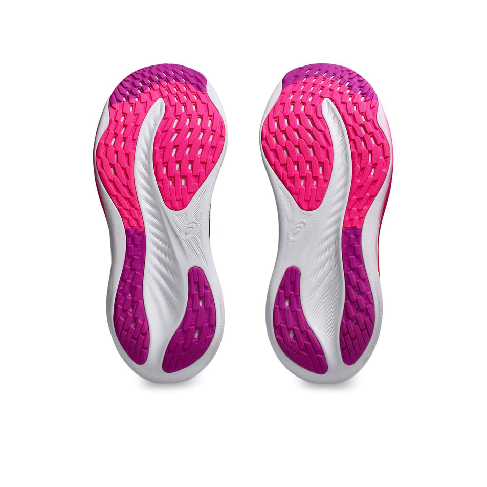 The outsoles on a pair of Women's Gel-Nimbus 26 Running Shoes in the Blue Expanse/Bold Magenta colourway (8405720629410)