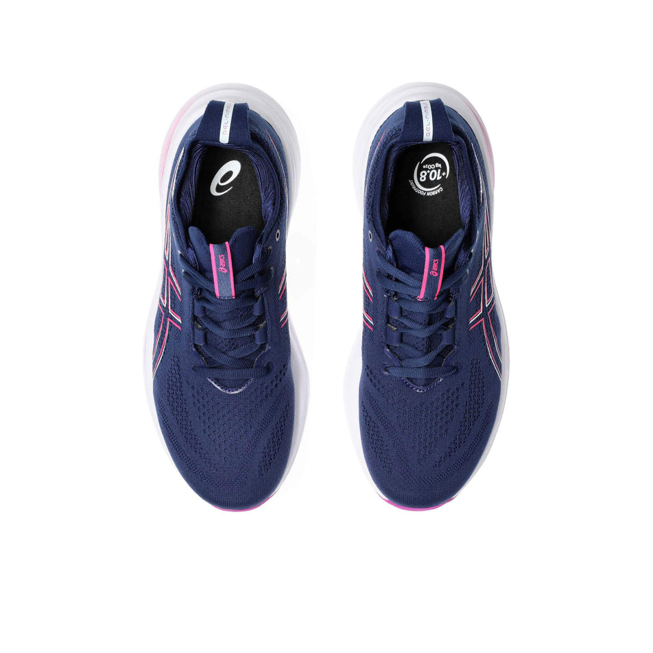 The uppers on a pair of Women's Gel-Nimbus 26 Running Shoes in the Blue Expanse/Bold Magenta colourway (8405720629410)