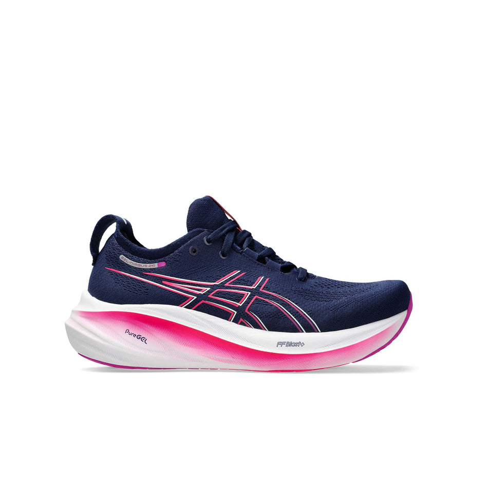 Lateral side of the right shoe from a pair of Women's Gel-Nimbus 26 Running Shoes in the Blue Expanse/Bold Magenta colourway (8405720629410)