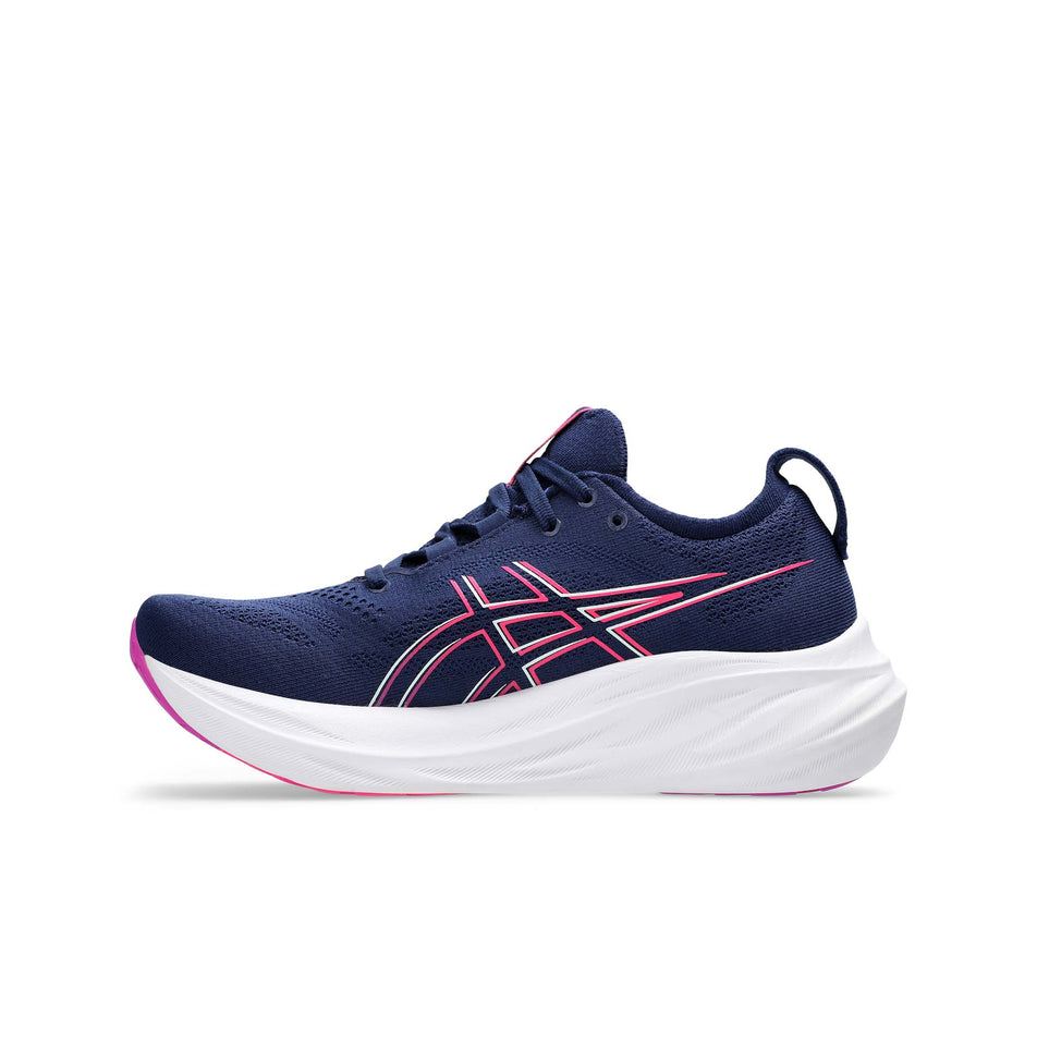 Medial side of the right shoe from a pair of Women's Gel-Nimbus 26 Running Shoes in the Blue Expanse/Bold Magenta colourway (8405720629410)