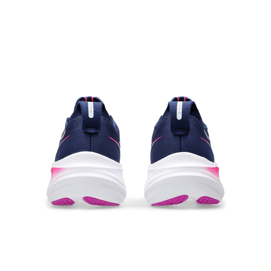 The back of a pair of Women's Gel-Nimbus 26 Running Shoes in the Blue Expanse/Bold Magenta colourway (8405720629410)