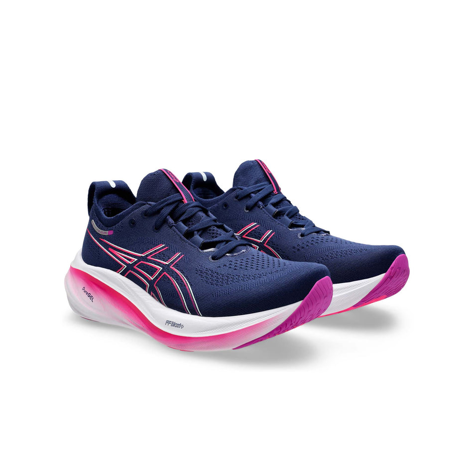 A pair of Women's Gel-Nimbus 26 Running Shoes in the Blue Expanse/Bold Magenta colourway (8405720629410)