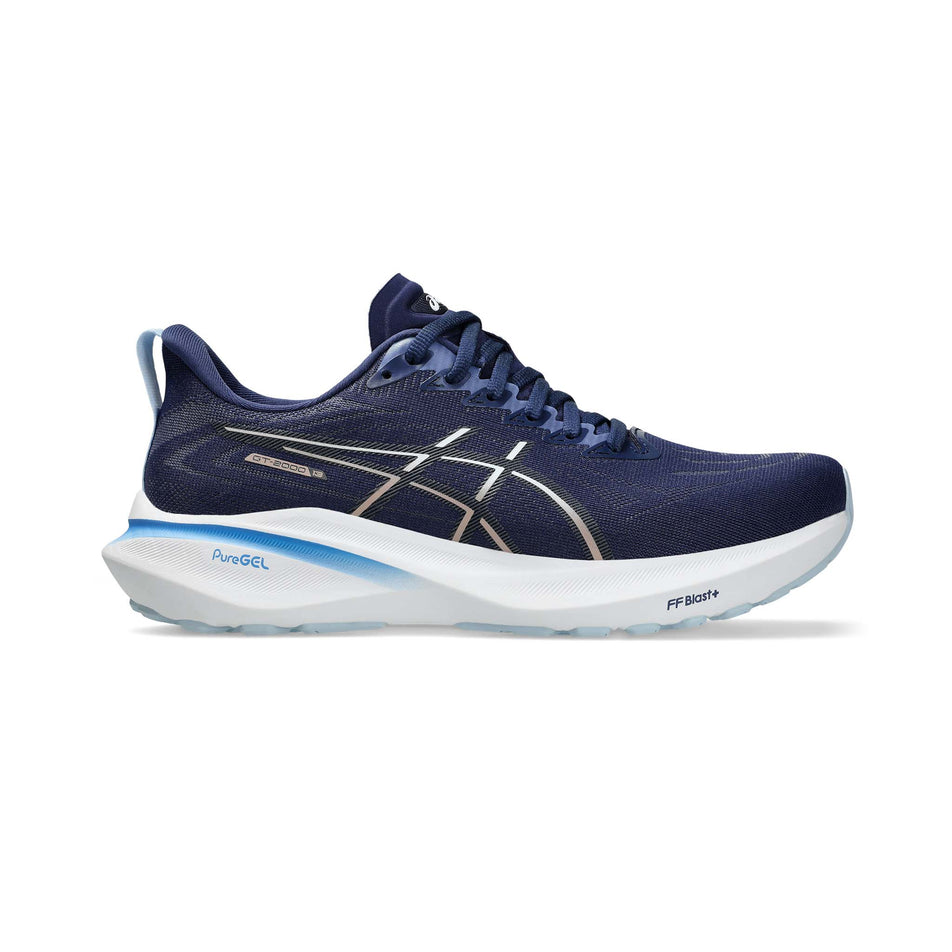 Lateral side of the right shoe from a pair of ASICS Women's GT-2000 13 Running Shoes in the Indigo Blue/Carrier Grey colourway. (8554979623074)