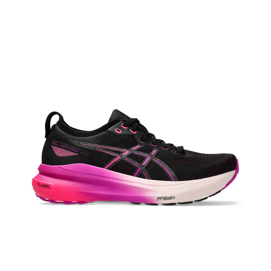 Lateral side of the right shoe from a pair of Asics Women's Gel-Kayano 31 Running Shoes in the Black/Bold Magenta colourway (8365857243298)