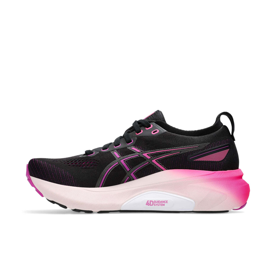 Medial side of the right shoe from a pair of Asics Women's Gel-Kayano 31 Running Shoes in the Black/Bold Magenta colourway (8365857243298)