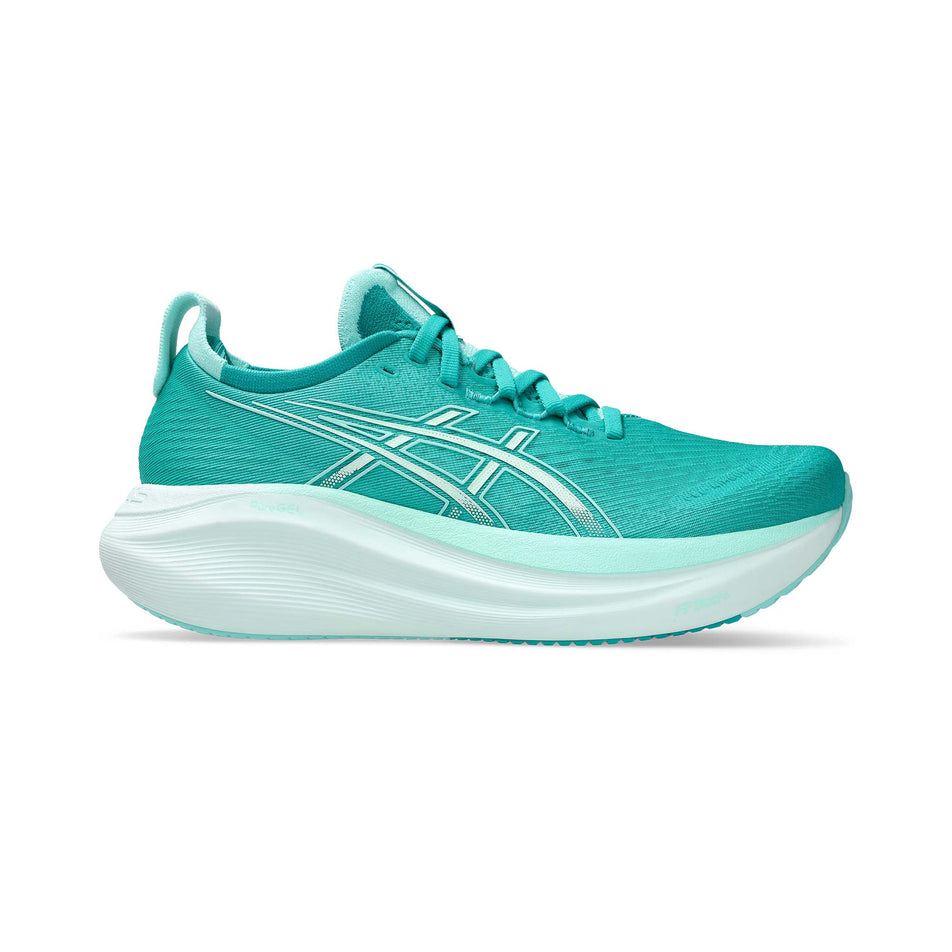 Lateral side of the right shoe from a pair of ASICS Women's Gel-Nimbus 27 Running Shoes in the Wave Teal/Illuminate Mint colourway. (8555059052706)