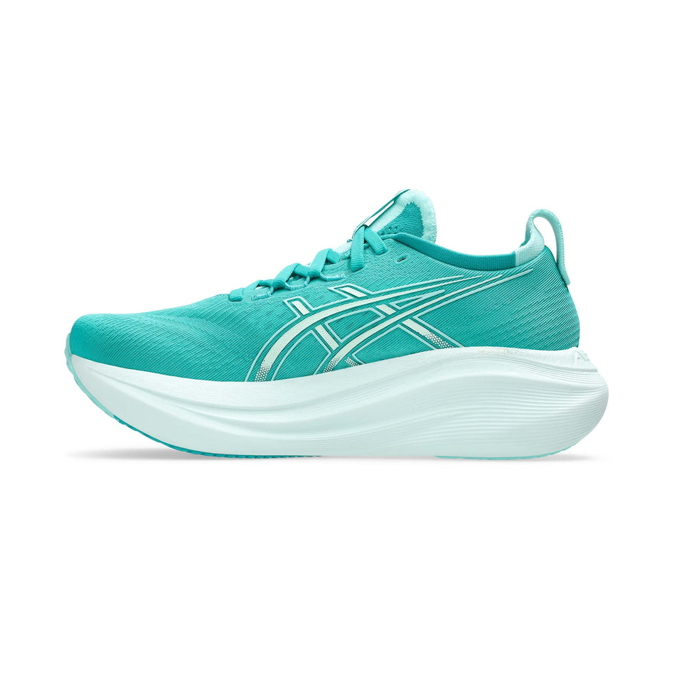 Medial side of the right shoe from a pair of ASICS Women's Gel-Nimbus 27 Running Shoes in the Wave Teal/Illuminate Mint colourway. (8555059052706)