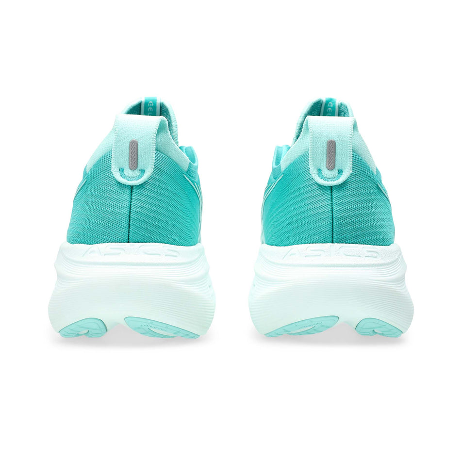 The back of a pair of ASICS Women's Gel-Nimbus 27 Running Shoes in the Wave Teal/Illuminate Mint colourway. (8555059052706)