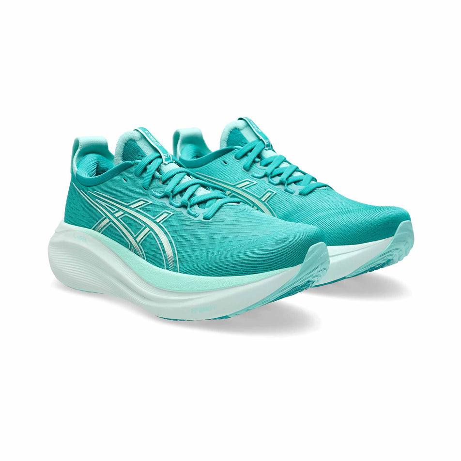 A pair of ASICS Women's Gel-Nimbus 27 Running Shoes in the Wave Teal/Illuminate Mint colourway. (8555059052706)