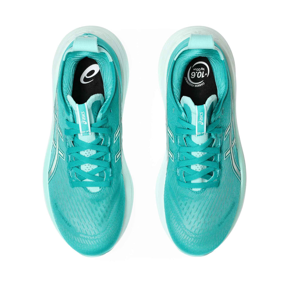 The uppers of a pair of ASICS Women's Gel-Nimbus 27 Running Shoes in the Wave Teal/Illuminate Mint colourway. (8555059052706)