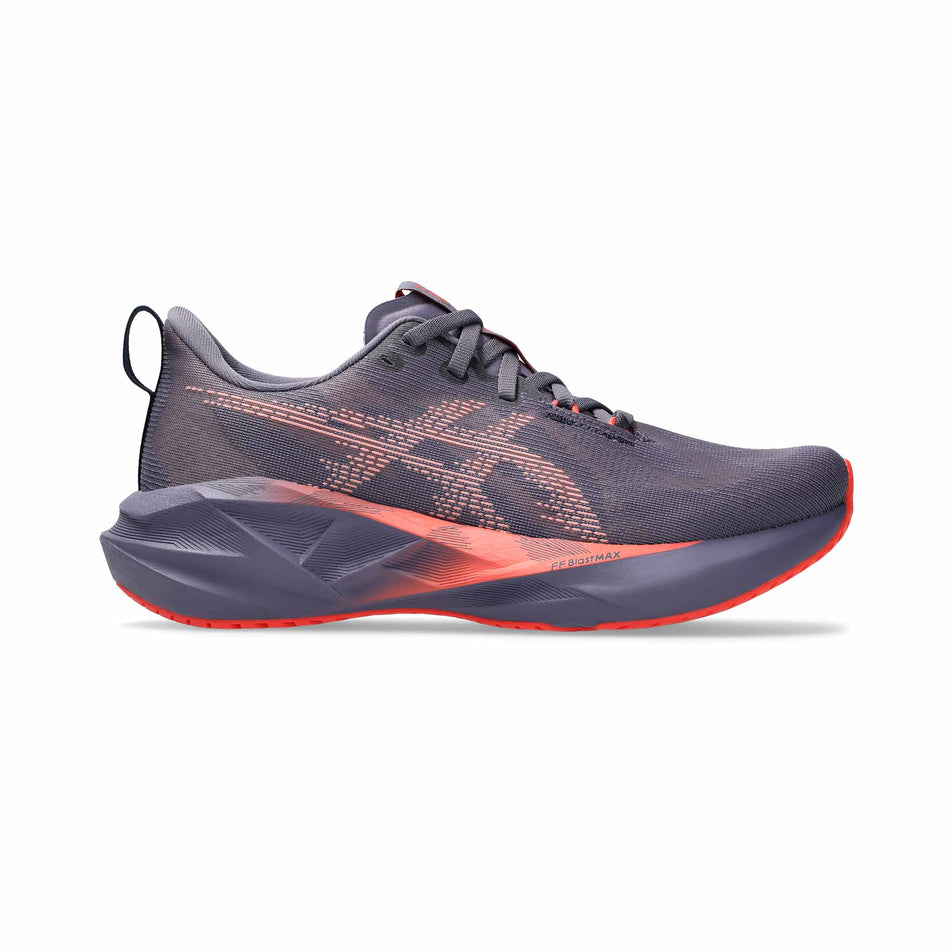 Lateral side of the right shoe from a pair of ASICS Women's Novablast 5 Running Shoes in the Greyish Purple/Coral Reef colourway. (8555027628194)