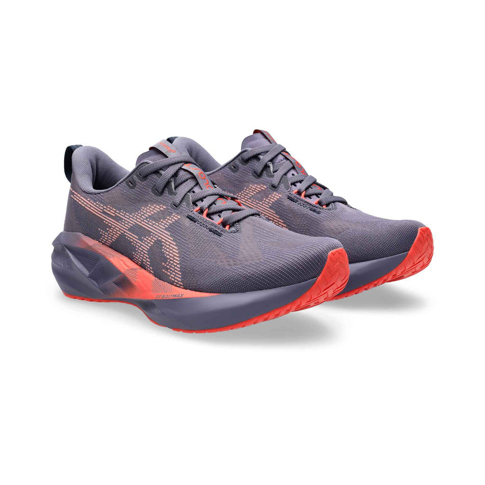 A pair of ASICS Women's Novablast 5 Running Shoes in the Greyish Purple/Coral Reef colourway. (8555027628194)