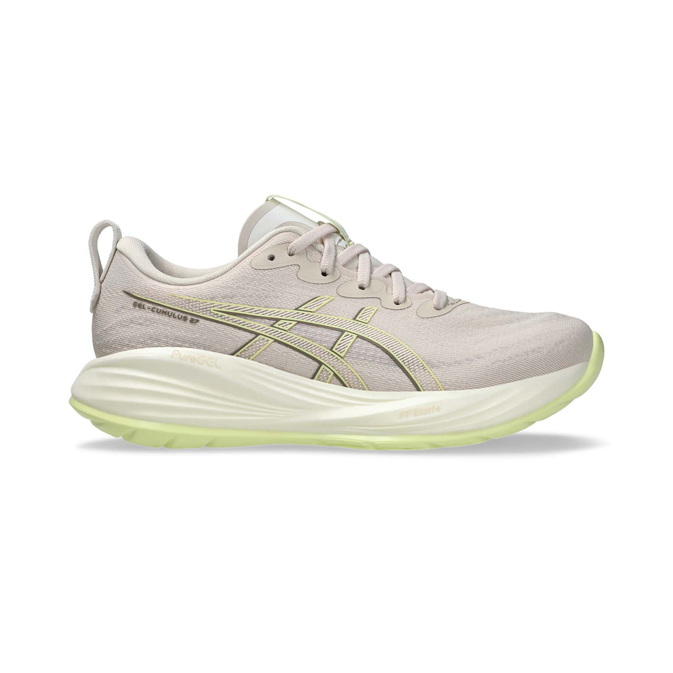 Lateral side of the right shoe from a pair of Asics Women's Gel-Cumulus 27 Running Shoes in the Mineral Beige/Huddle Yellow colourway. (8558302068898)