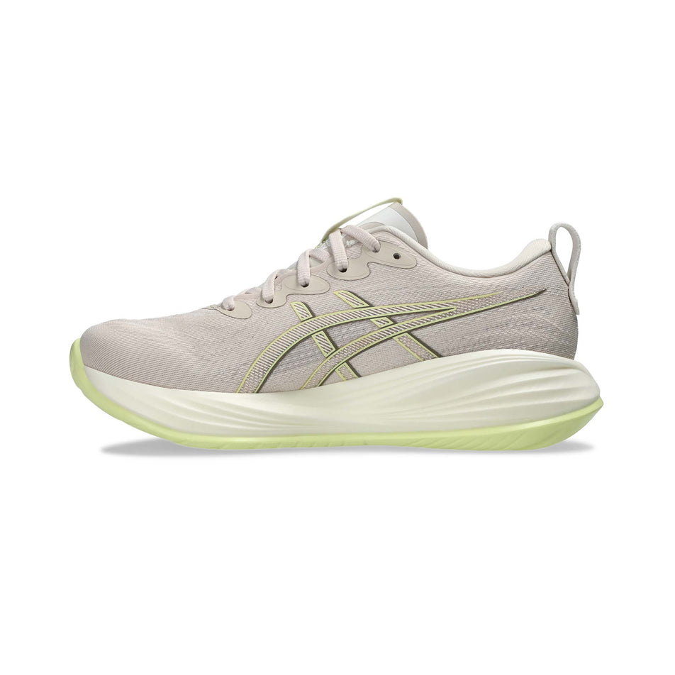 Medial side of the right shoe from a pair of Asics Women's Gel-Cumulus 27 Running Shoes in the Mineral Beige/Huddle Yellow colourway. (8558302068898)