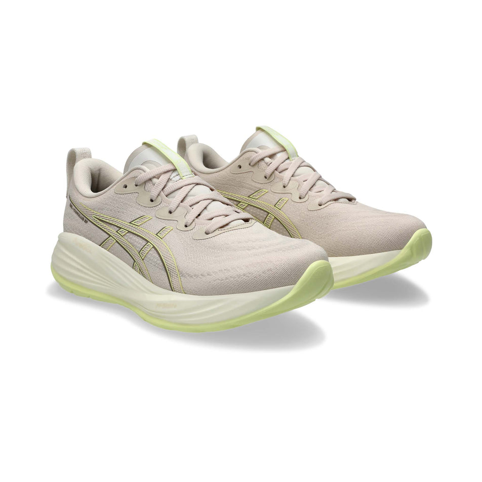 A pair of Asics Women's Gel-Cumulus 27 Running Shoes in the Mineral Beige/Huddle Yellow colourway. (8558302068898)