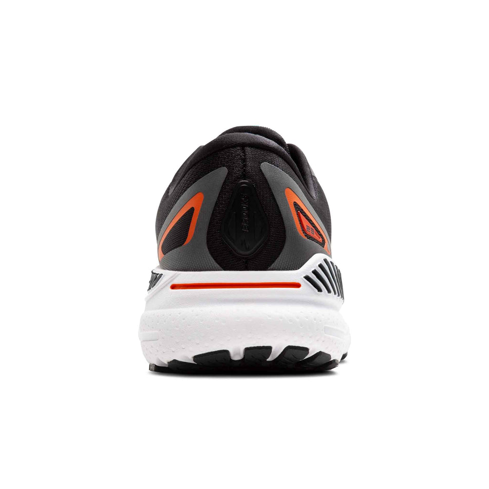 Back of the left shoe from a pair of Brooks Men's Adrenaline GTS 23 Running Shoes in the Black/Mandarin Red/Silver colourway (8339208536226)