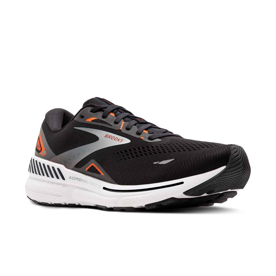 Lateral side of the right shoe from a pair of Brooks Men's Adrenaline GTS 23 Running Shoes in the Black/Mandarin Red/Silver colourway (8339208536226)