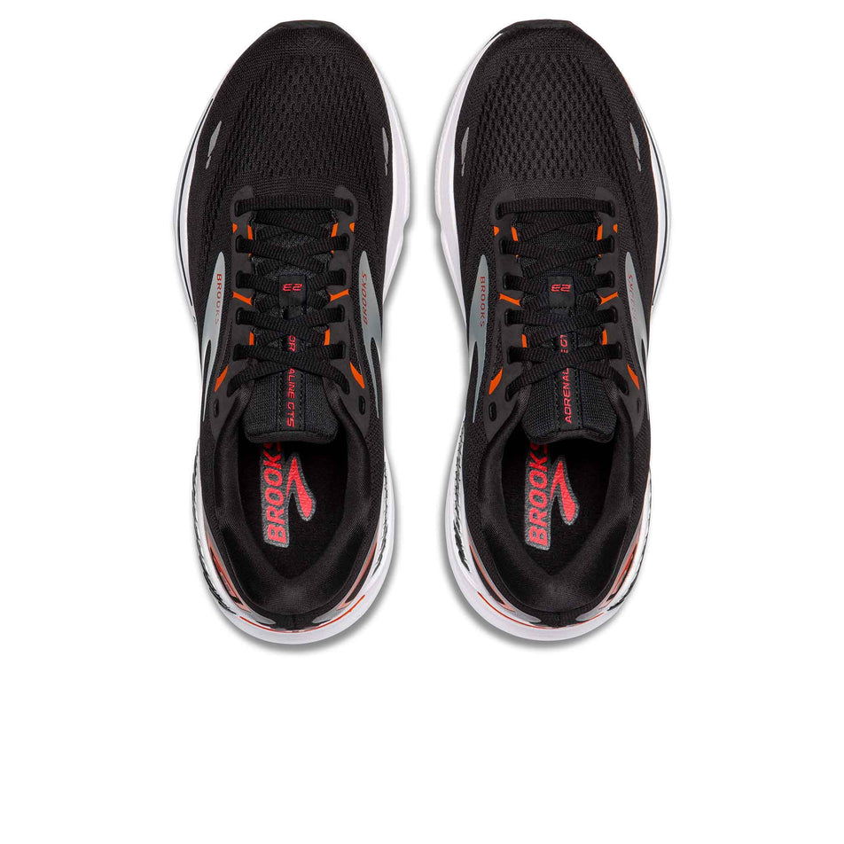 The uppers on a pair of Brooks Men's Adrenaline GTS 23 Running Shoes in the Black/Mandarin Red/Silver colourway (8339208536226)