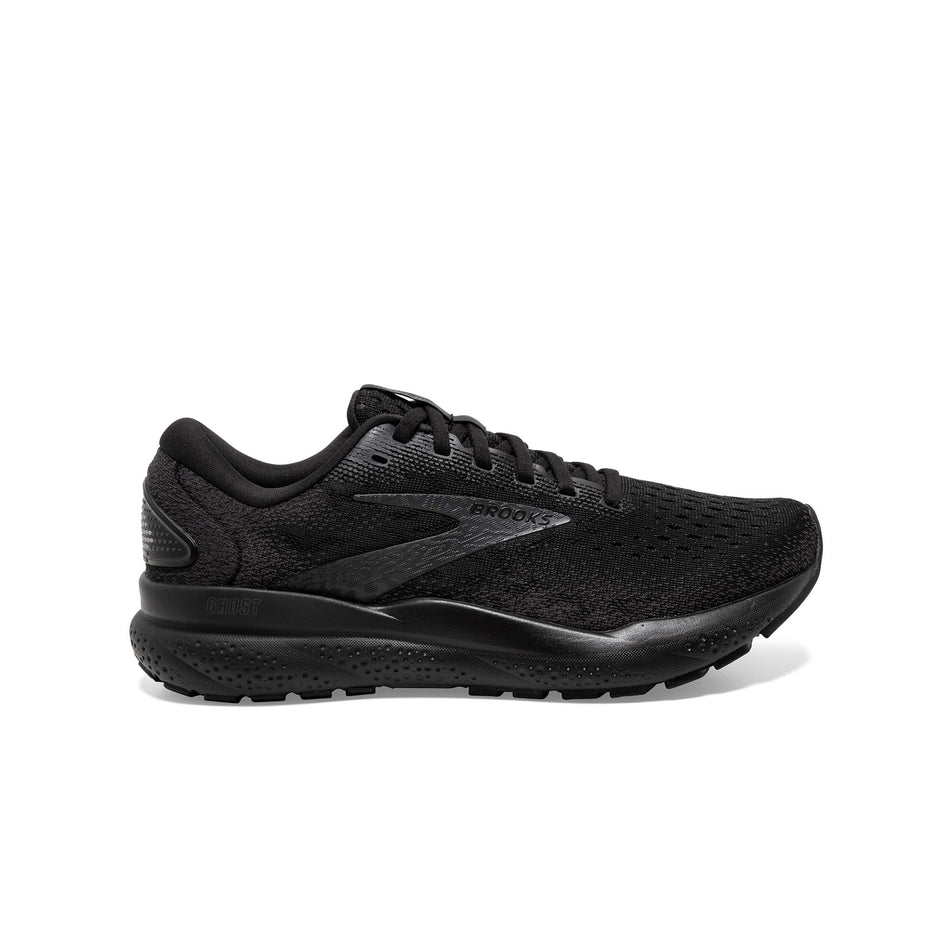 Lateral side of the right shoe from a pair of Brooks Men's Ghost 16 Running Shoes in the Black/Black/Ebony colourway (8339207225506)