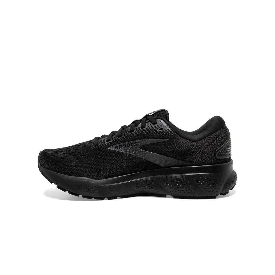 Medial side of the right shoe from a pair of Brooks Men's Ghost 16 Running Shoes in the Black/Black/Ebony colourway (8339207225506)