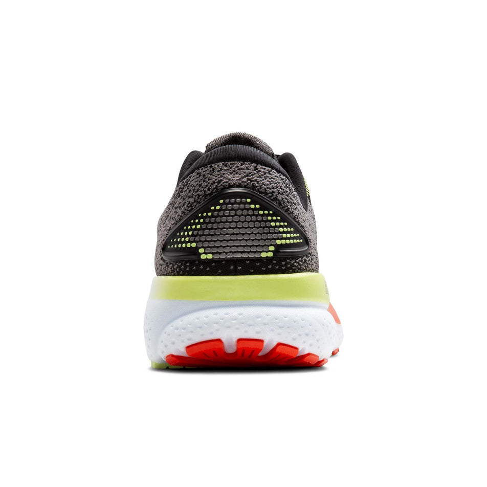 The back of the right shoe from a pair of Brooks Men's Ghost 16 Running Shoes in the Black/Mandarin Red/Green colourway (8339206930594)